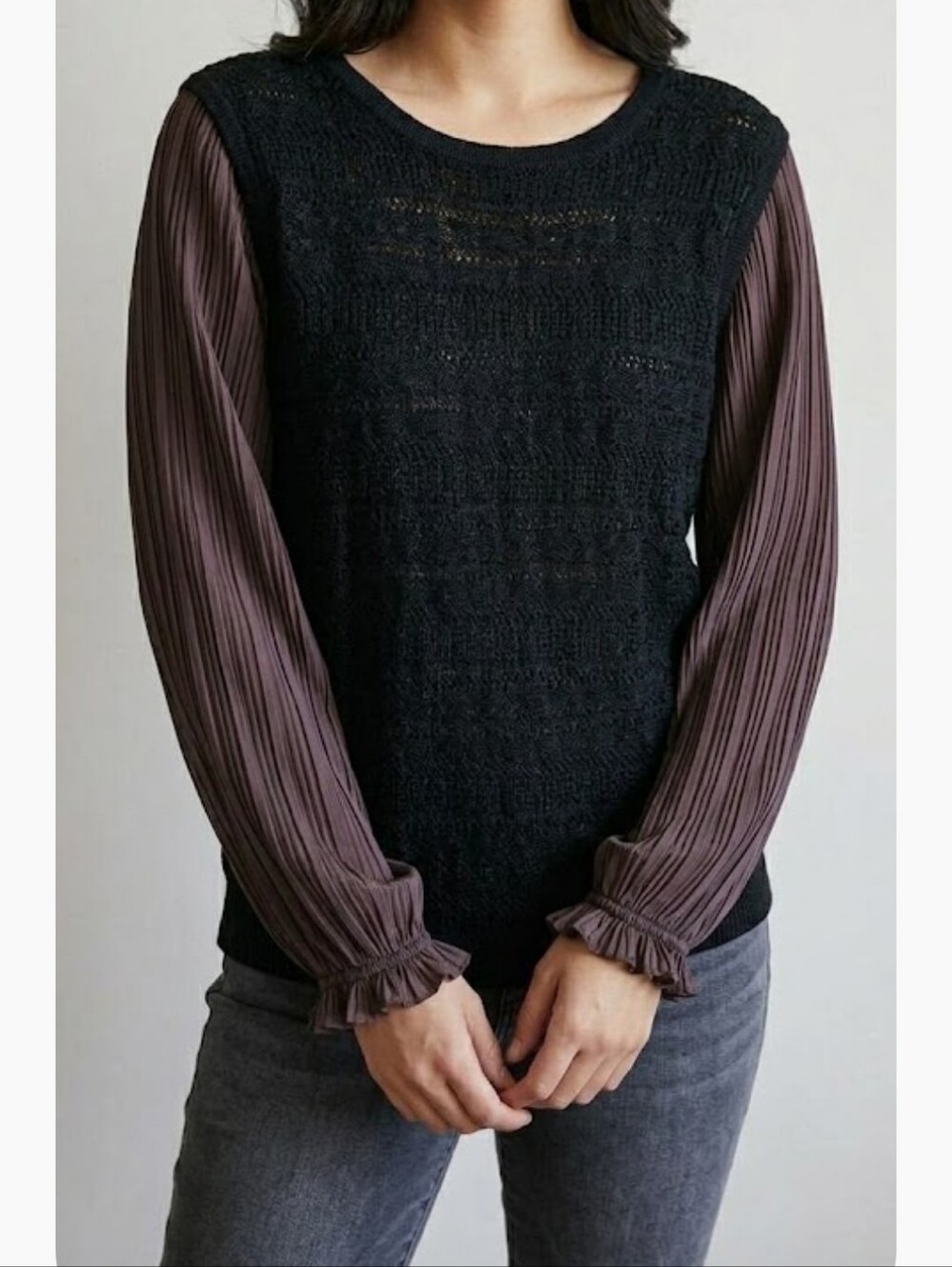 Zac & Rachel Black Knit Sweater with Sheer Brown Pleated Sleeves